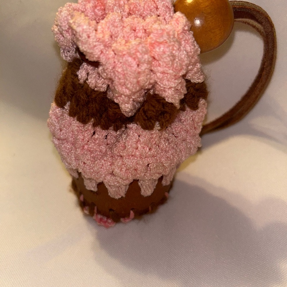 Pink and Brown Crochet Lipstick Drawstring Bag